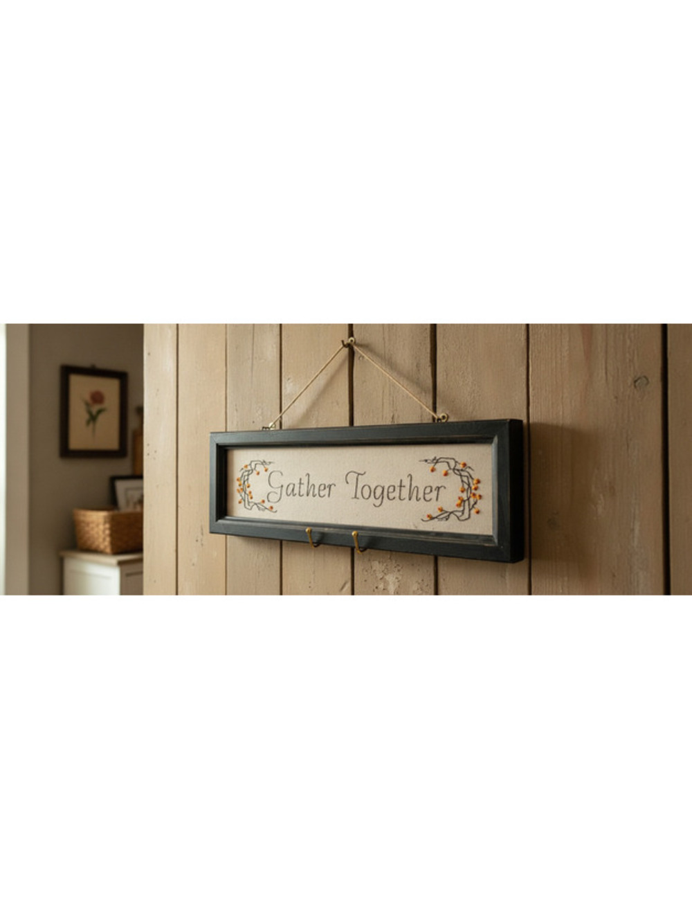 Vintage Rustic Autumn "Gather Together" Embroidered Framed Wall Sign 18.5"x 6"